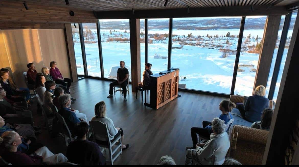 Meditation session in a scenic setting.